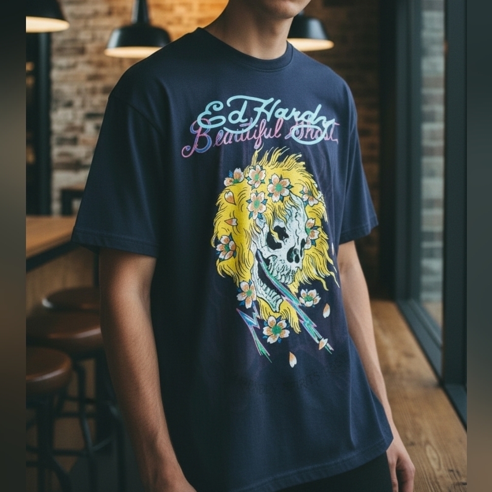 Ed Hardy Skull Graphic Tee Shirt Blueberry NEW Mens